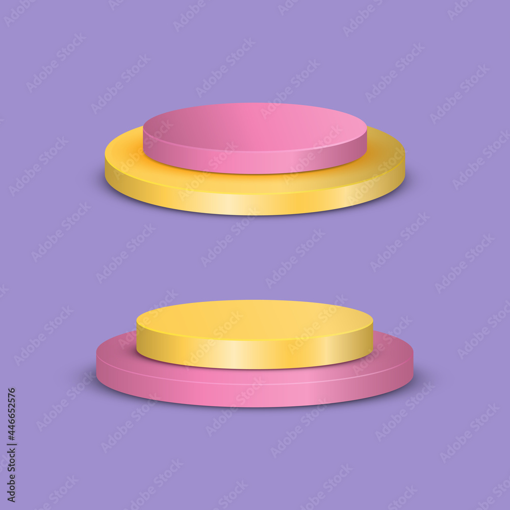 Pink and yellow round multi-angle pedestal empty isolated on purple background. Vector podium for product demonstration. Pink and yellow round multi-angle pedestal empty isolated on purple background. Vector podium for product demonstration.