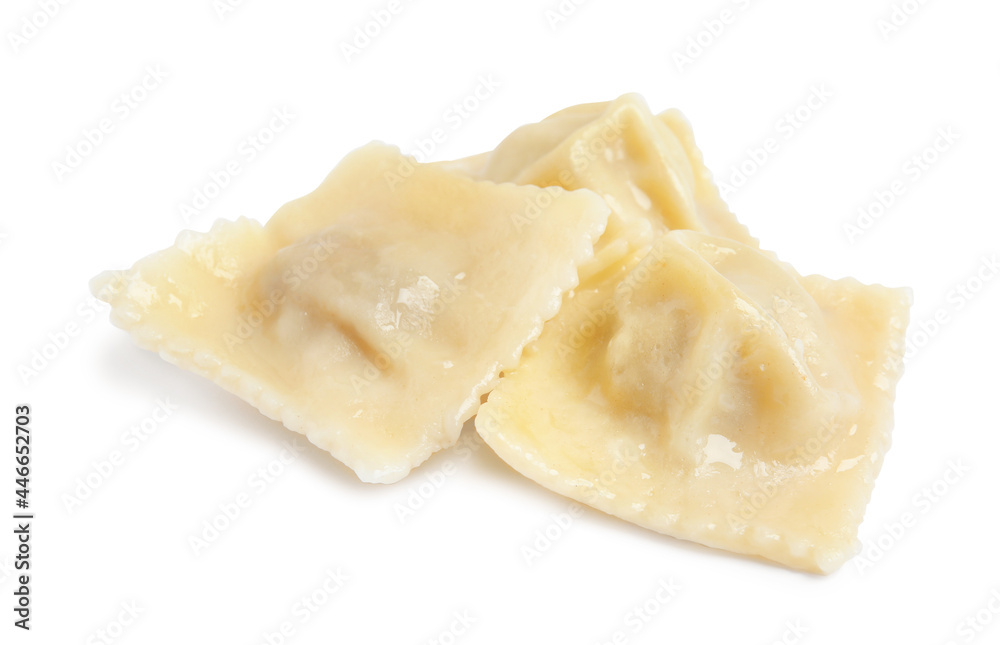 Boiled ravioli with tasty filling on white background