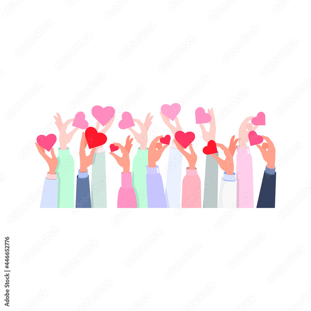 Many hands of different people hold hearts. Concept: public support, unanimous, donation, world compliment day. Hand border.Vector illustration, flat cartoon, isolated on white background, eps 10.