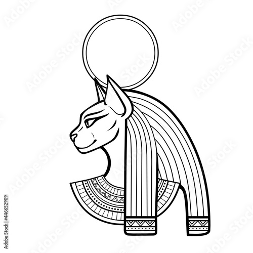 Animation portrait Ancient Egyptian goddess Bastet (Bast). Sacred woman cat. Profile view. Vector illustration isolated on a white background. Print, poster, tatoo.