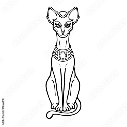 Animation portrait Ancient Egyptian goddess Bastet (Bast). Sacred cat. Vector illustration isolated on a white background. Print, poster, tatoo.