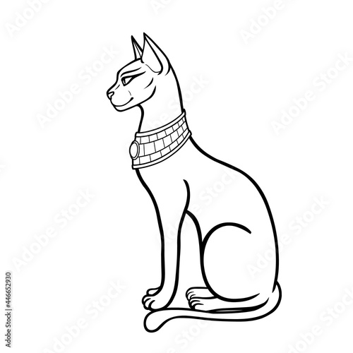 Animation portrait Ancient Egyptian goddess Bastet (Bast). Sacred cat. Profile view. Vector illustration isolated on a white background. Print, poster, tatoo.