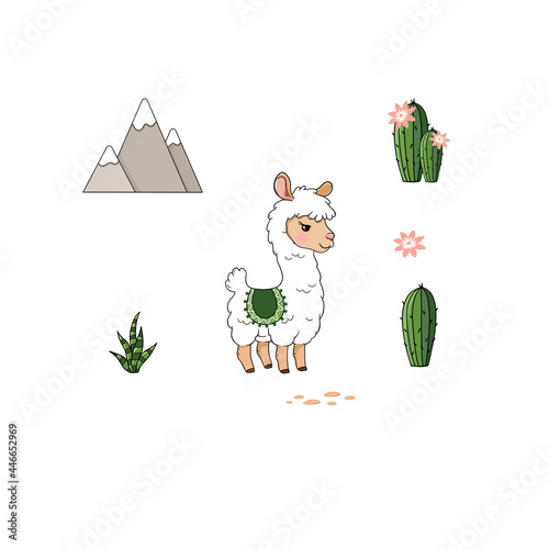 cute llama, cacti, mountain, plants, desert. Drawing for children's fabrics, blankets and clothes.