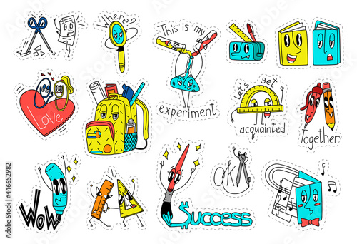 Vector illustration with set of stickers on the theme school and text. Characters, objects, briefcase, rulers, pens, books, music notebooks, chemical test tubes, pencil case, hearts, etc. are depicted