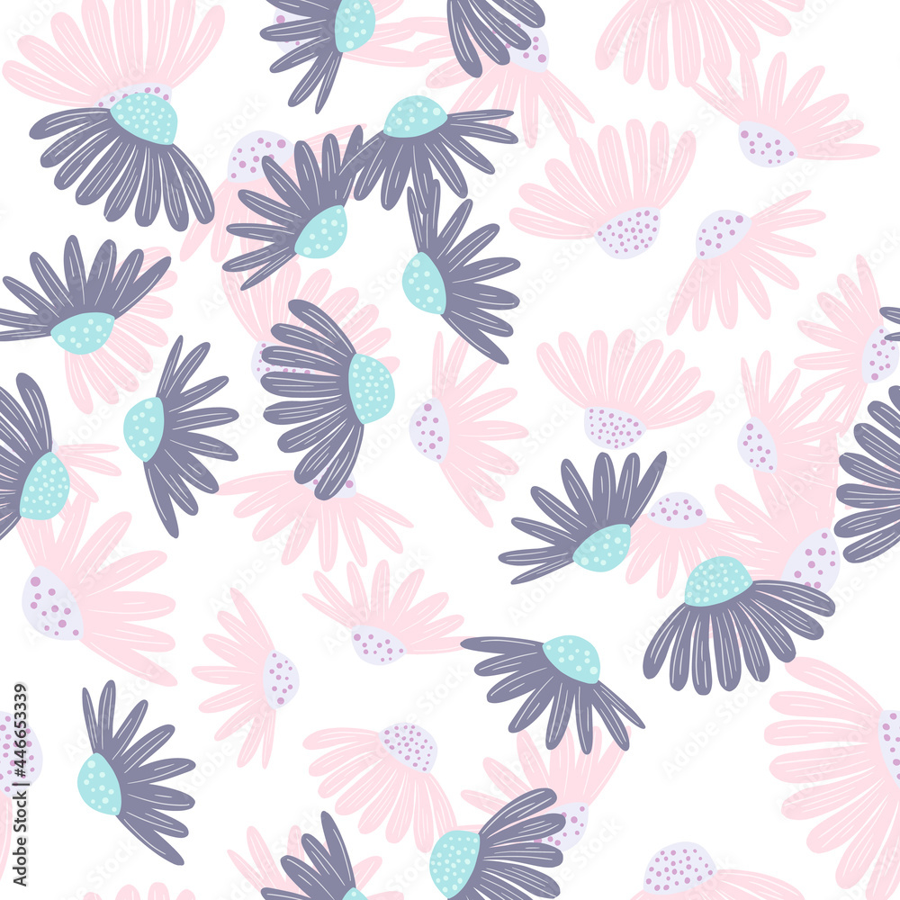 Isolated botany seamless pattern with purple and pink daisy flowers shapes print. Random doodle backdrop.