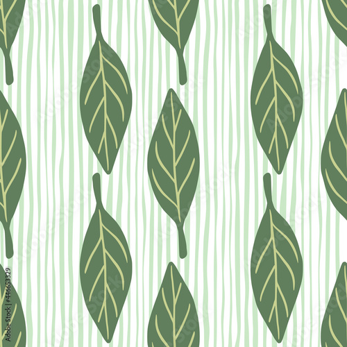 Forest seamless pattern with green doodle leaves silhouettes print. Blue and white striped background.
