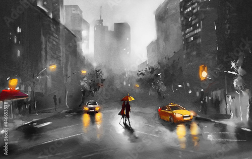 Fototapeta Naklejka Na Ścianę i Meble -   oil painting on canvas, street view of New York, yellow taxi,  modern watercolor Artwork,  American city, illustration New York