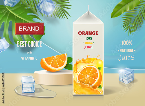 Orange juice poster with ice cubes and orange fruit slice on podium