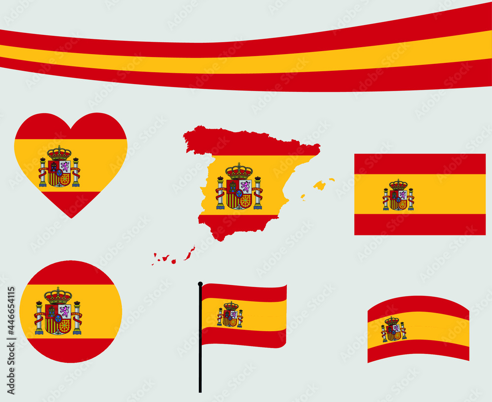 Obraz premium Spain Flag Map Ribbon And Heart Icons Vector Illustration Abstract Design Elements collection