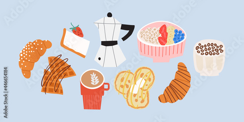 Sweet breakfast set. Croissant, coffee, oatmeal, waffles, pancakes. Cute flat hand drawn icon illustrations for stickers, menu print, kitchen textile.