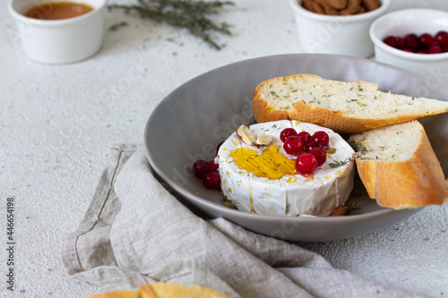 Grilled camembert with cranberries and almond. Baguette and cheese with honey on the gray textured background 