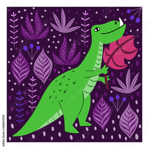 Vector card or poster with cute green dinosaur with pink leaf on a purple background