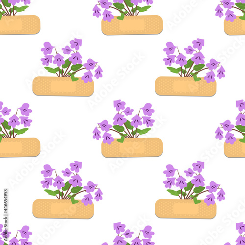 Seamless pattern with sticking plasters and purple flowers. Medical patch repeat texture. On white background. Stock vector illustration.