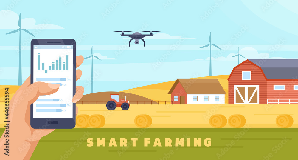 Smart farming agriculture technology vector illustration. Cartoon farmer hands holding smartphone with data to control robot drone, monitoring crop harvesting on farmland field, agritech background