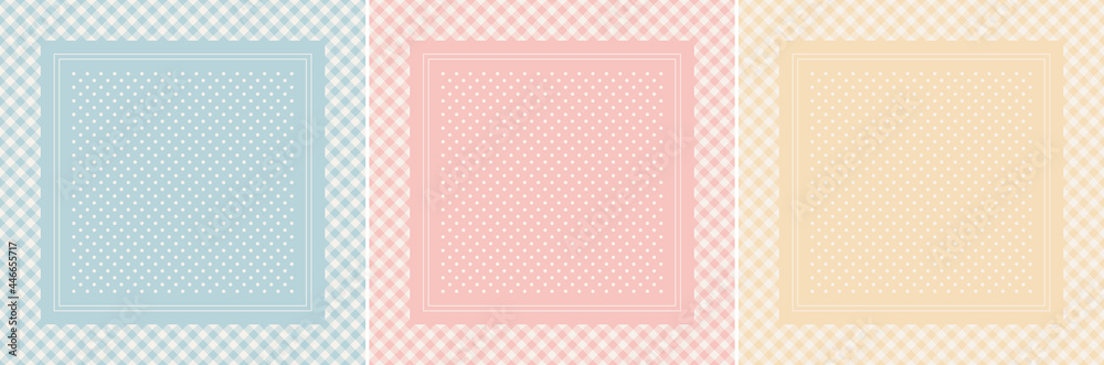 Scarf design set in pastel blue, pink, yellow, off white. Square light vector background with light gingham vichy check border and polka dots for spring summer silk scarf, bandana, shawl, hijab.