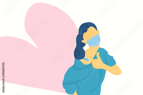 cartoon and flat design woman happy after got covid-19 vaccinated on white isolated background