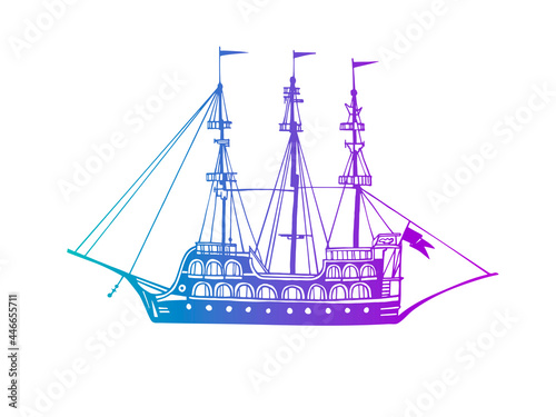 Vintage pleasure ship, old boat in the sea. Pirate schooner. Hand drawn sketch. Line art. Colourful vector illustration on white background.