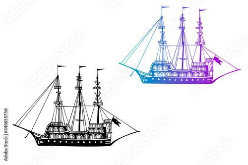 Two Vintage Ships, old boats in the sea. Pirate schooners. Hand drawn sketch. Line art. Black and white vector illustration on white background