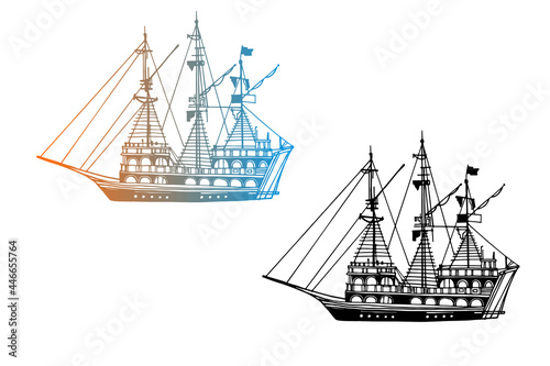 Two Vintage Ships, old boats in the sea. Pirate schooners. Hand drawn sketch. Line art. Black and white vector illustration on white background
