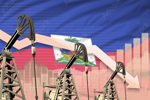 lowering down chart on Haiti flag background - industrial illustration of Haiti oil industry or market concept. 3D Illustration