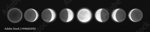 Moon eclipse, different phases astronomy infographic vector illustration. Lunar eclipse full cycle in scientific transparent background, realistic moonlight in stages from full moon to thin moon