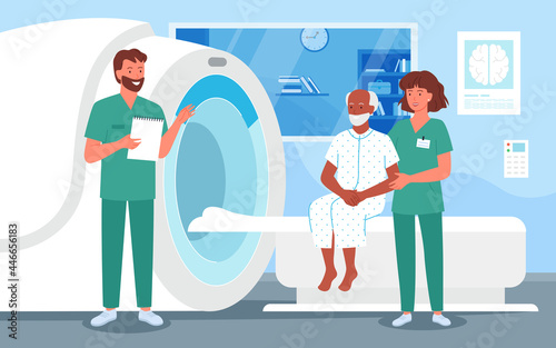 Mri scanning diagnostic procedure for senior people in hospital vector illustration. Cartoon old man patient character on doctor mri scanner appointment, digital technology in medicine background