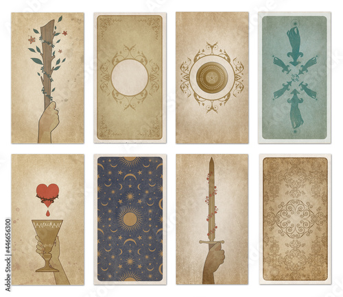 Aces of the minor arcana of the Tarot. Wands, Pentacles, Cups and Swords. Cards back. Illustrations on aged and damaged paper, isolated on white background photo