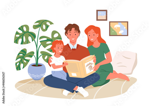 Parents reading book to kid, happy parenting, family time vector illustration. Cartoon child, mother and father characters sitting together to read bedtime story, parent and children isolated on white
