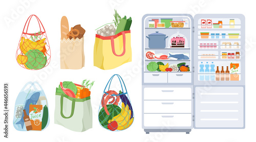 Refrigerator, bags full of food from grocery store or supermarket vector illustration set. Cartoon fridge with open door, storage of healthy products for cooking at cold temperature isolated on white