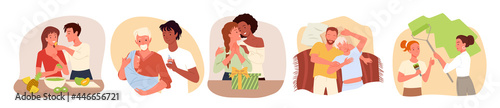 Cartoon lover characters standing, hugging and smiling, cooking food, sleeping in bedroom. Couple people spend happy time together at home, harmony and love set vector illustration