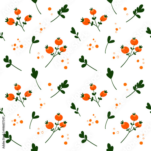 orange berries with green leaves on white background summer spring autumn seamless pattern vector 