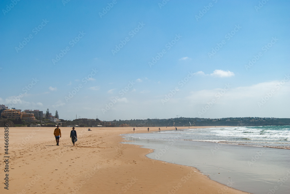 People walking along the warm sand shore, a picture forming a natural color palette, wide shot