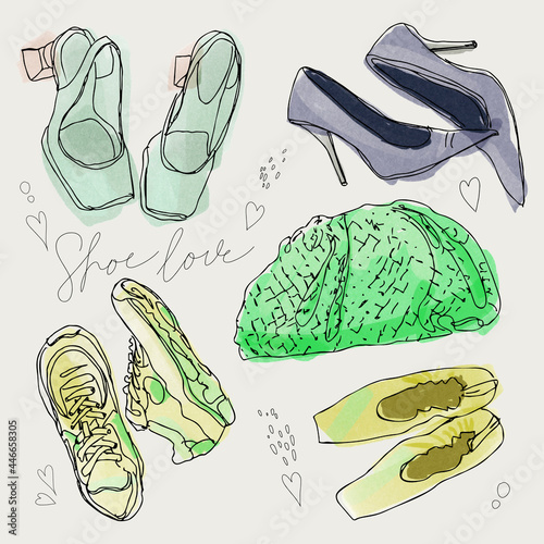 Set of isolated sketches of woman shoes. Hand drawn peep toe and stiletto. Footwear and lady clothing, vogue theme