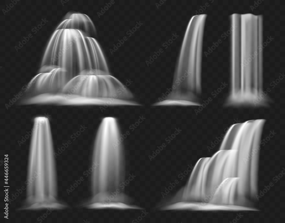 Realistic waterfall vector illustration set, clear water stream of ...
