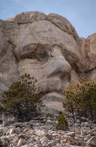Black Hills, Keystone, SD, USA - May 31, 2008: Mount Rushmore. Closeup of President Roosevelt face sculpture in gray granite under blue sky. A few low trees in front. photo