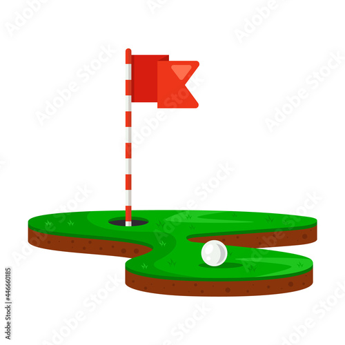 hole and golf ball on a green lawn. flat vector illustration.