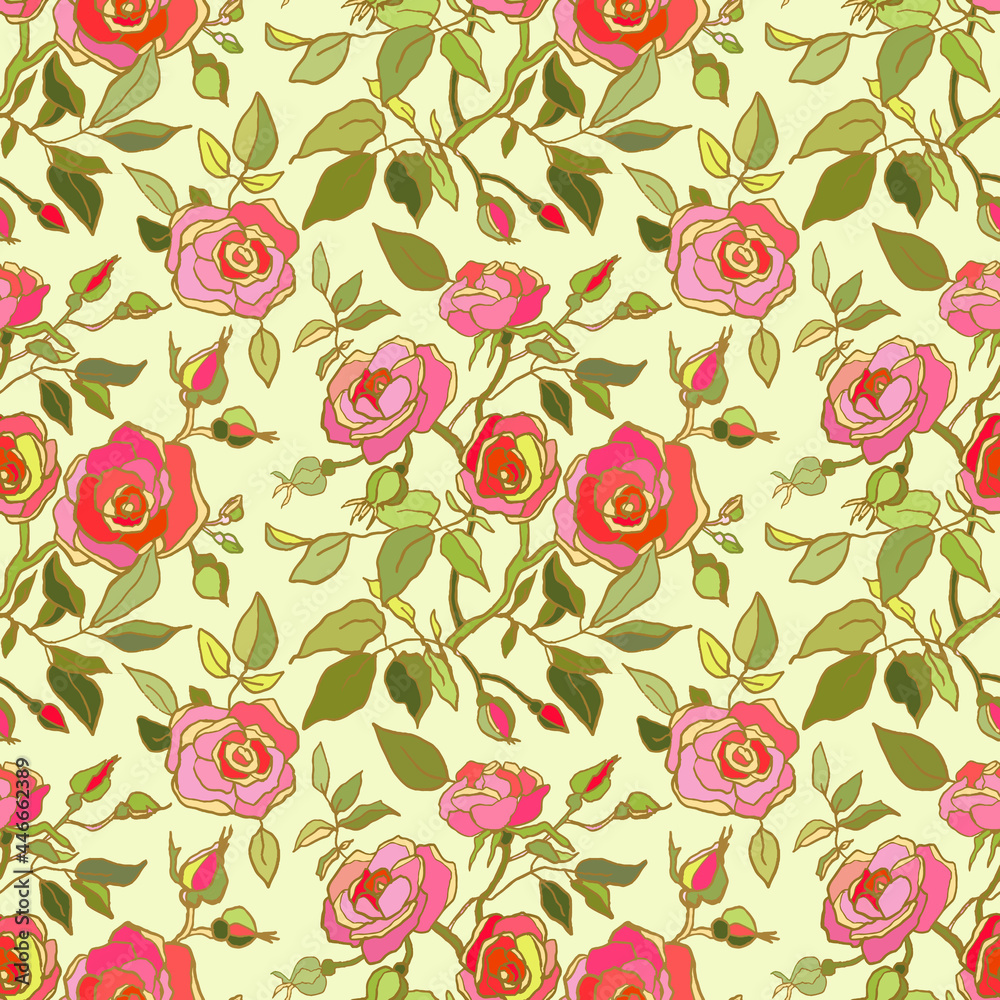 Cute floral pattern of pink roses flowers. Seamless print with garden flowers on green background. Vintage collection. Vector illustration