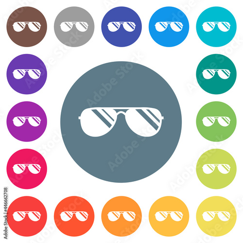 Aviator sunglasses with glosses flat white icons on round color backgrounds