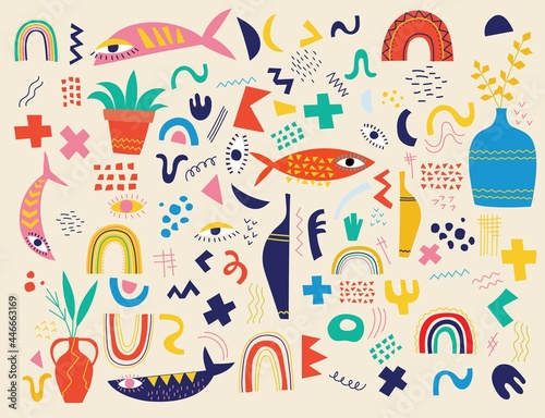 Hand drawn various shapes and doodle objects. Set of abstract modern trendy vector set icons and templates.