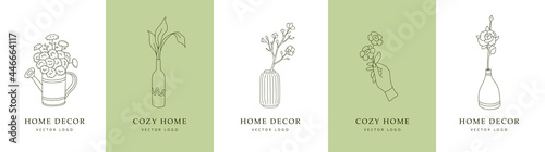 Vector set of simple abstract logo in hand-drawn linear style for interior and home decor stores. Cozy home, house plants. Elegant minimal scandinavian emblems.
