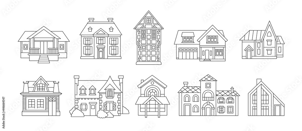 Set of various outline houses with different facades. Logo, symbols and emblems for real estate, construction company, design interior studio, home decor. Vector illustrations.
