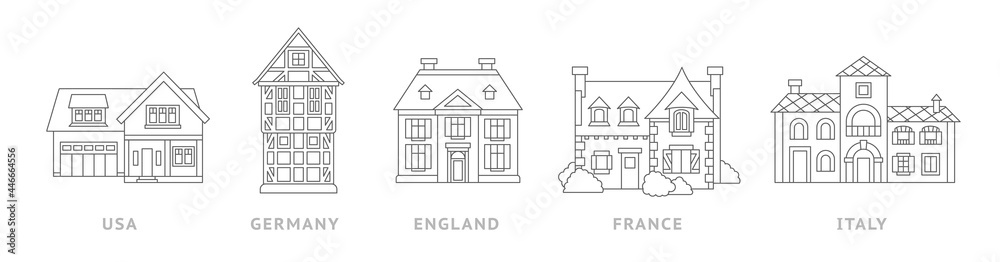 Various traditional houses of different countries. Old english mansion, half-timbered german house, italian villa, french provencal and american house. Simple outline logo, emblem for real estate. - obrazy, fototapety, plakaty 