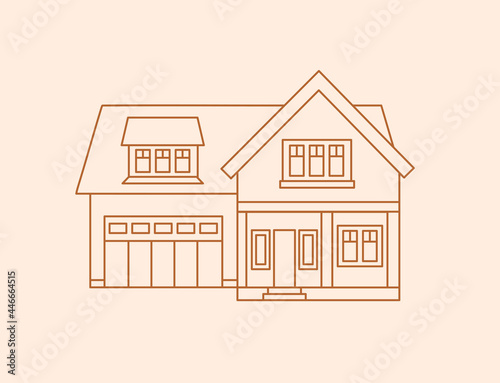 American traditional house with garage. Minimalistic outline simple vector logo for real estate, renovation, home repairs, chotel business, boarding house, hostel, rental housing. 