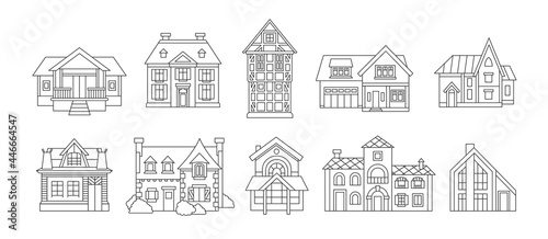 Set of various outline houses with different facades. Logo, symbols and emblems for real estate, construction company, design interior studio, home decor. Vector illustrations. photo