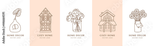 Houses and home decor logo collection. Simple outline concept for interior design studio, hotel business, real estate, hostel, rental housing. Stay home concept.  Hand drawn trendy illustrations.