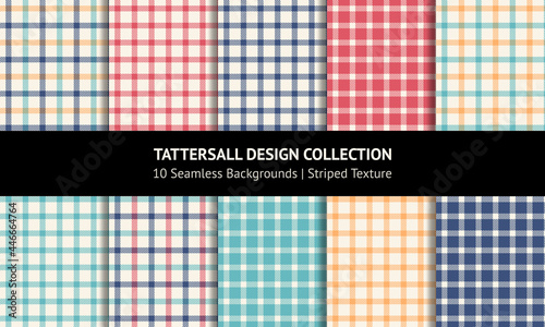 Check plaid pattern set. Summer tattersall in navy blue, green, red, yellow, off white for multicolored windowpane line handkerchief, napkin, scarf, dress, other modern fashion textile print.
