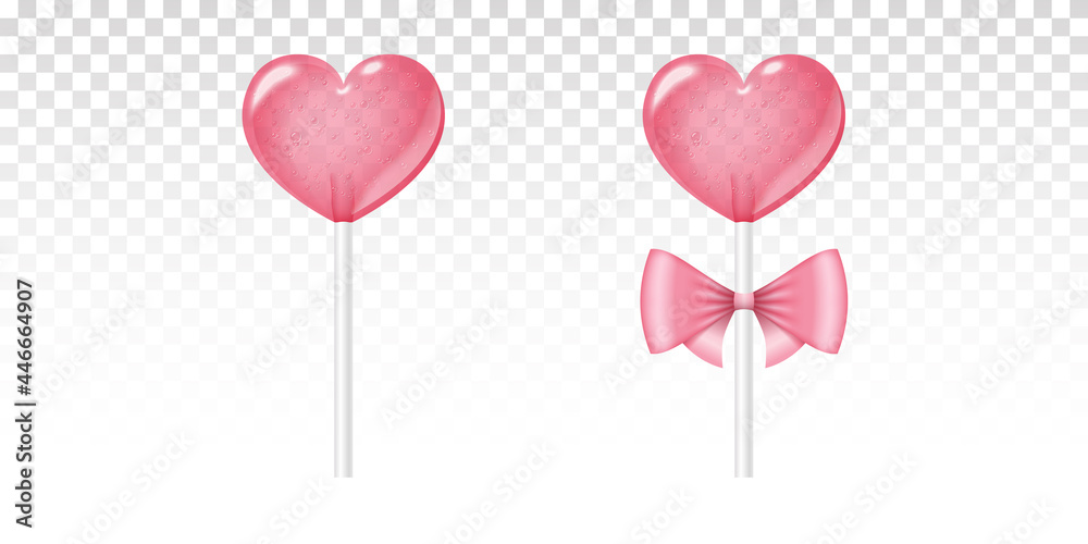 Realistic pink lollipop. Two isolated heart shaped candies on stick with bow