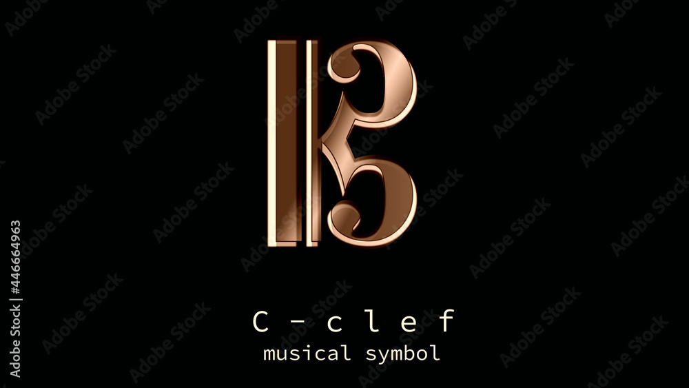 C-clef. SYMBOL OF MUSICAL WRITING. Key signature. Solfège, music education. A stylish card with reference to art. Isolated element in ocher tones and design effects. Distinguished fund. Clave de Do. - obrazy, fototapety, plakaty 