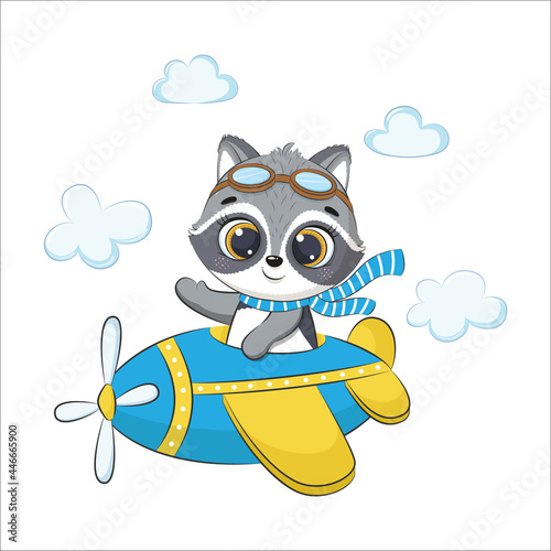 Cute baby raccoon is flying on a plane. Cartoon vector illustration.