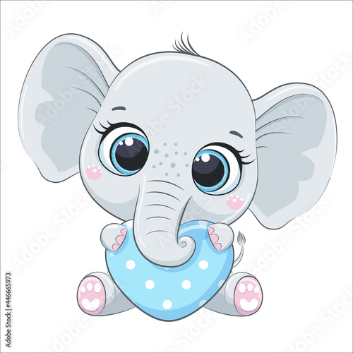 Cute baby elephant with a heart. Cartoon vector illustration.